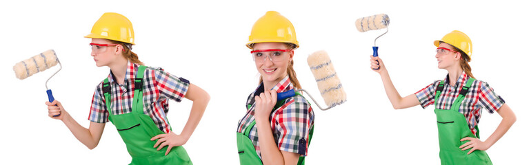 Funny woman painter isolated on white