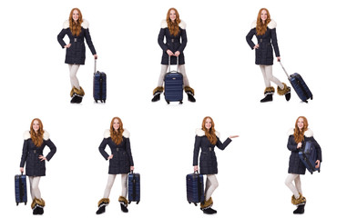 Obraz premium Woman with suitcase preparing for winter vacation