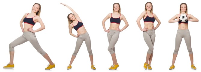 Young female doing exercises on white