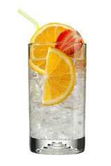 view of slices of orange and strawberry in glass full of ice cubes.