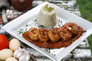 Haute cuisine, large shrimp with sauce