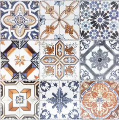Papier Peint photo Lavable Tuiles marocaines Beaux vieux carreaux de céramique muraux motifs artisanaux de thaïlande