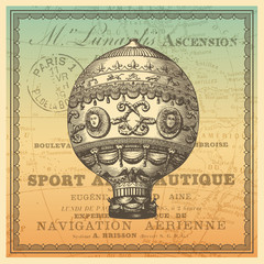 Naklejka premium travel themed card/background with vintage hot air balloon, antique world map and French typography