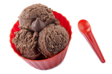 close up image of chocolate ice cream in red cup and spoon