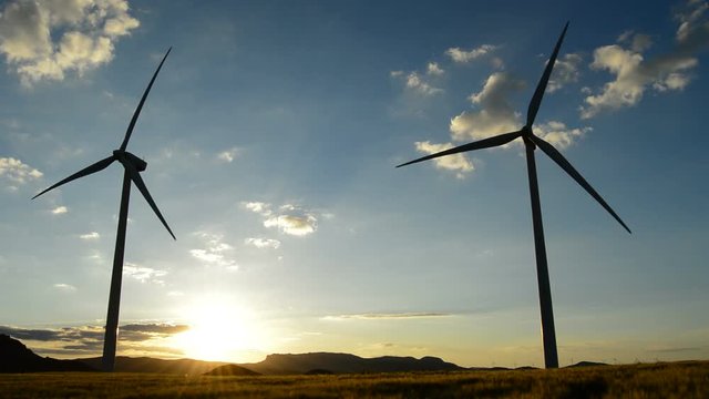Wind turbine rotating in field at sunset
