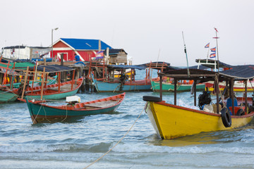 Sea view with khmer boat, beach of Koh Rong. Cambodia