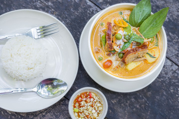 Red curry with roast duck  or Thai call Kaeng Pled Ped Yang the popular delicious Thai food.