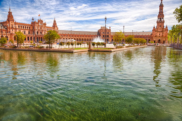 Pond of the famous Square of Spain, in Spanish Plaza de Espana,  Seville, Andalucia, Spain.