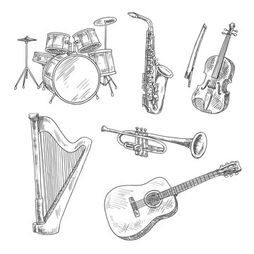 Musical instruments sketches for arts design