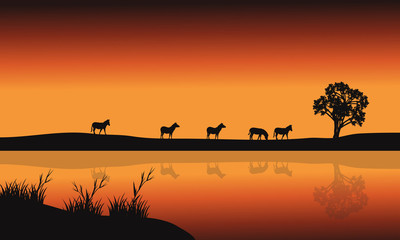 Obraz na płótnie Canvas Silhouettes of zebara and lake