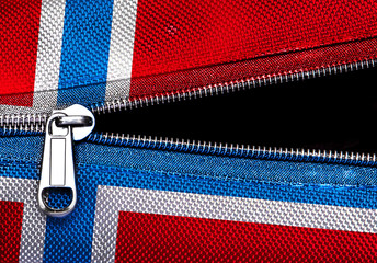 The Metal zipper on Norway flag synthetic fabric  
