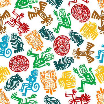 Seamless mayan and aztec pattern of animal totems