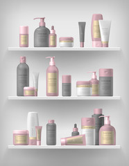 Cosmetic brand template. Vector packaging. Oil, lotion, shampoo. Realistic bottle mock up set. Isolated pack on the shelf.