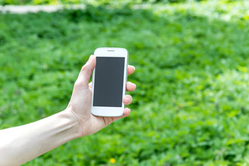 Woman's hand holding smartphone in the park