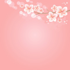 Flowers background. Flowers design. Vector abstract illustration. Sakura blossoms. Branch of sakura with flowers. Cherry blossom branch on pink. Vector 