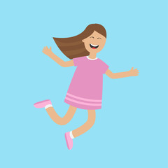 Girl jumping isolated. Happy child jump. Cute cartoon laughing character in violet dress. Smiling woman. Blue background. Flat design