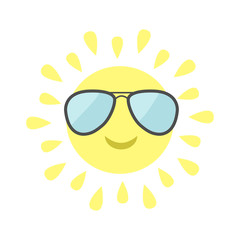 Sun shining icon. Sun face with pilot sunglassess. Cute cartoon funny smiling character. Hello summer. White background. Isolated. Flat design