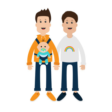 Gay Family. Two Fathers With Baby Boy Son In Baby Carrier Sling. Male Couple Holding Hands. Rainbow On Shirt. Greeting Card.  LGBT Community. Cute Characters. Flat Design.