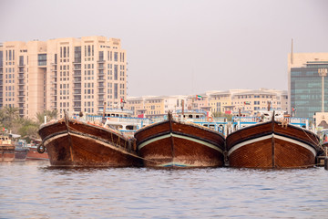 Fototapeta na wymiar Traditional wooden boats, the creek Dubai.