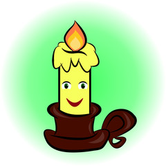 candle with cartoon eyes and a smile in a candlestick on a light green background