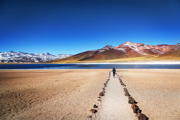 Tourist enjoying the beautiful landscape of Atacama Desert in Chile. Winter time. - obrazy, fototapety, plakaty