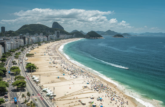 Panorama of crowded Copacabana Beach, aerial view, Rio De Janeiro