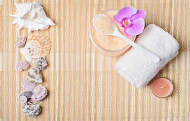 Kit body care, accessories for Spa on a bamboo mat