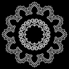 Round Frame - floral lace ornament - white on black background.