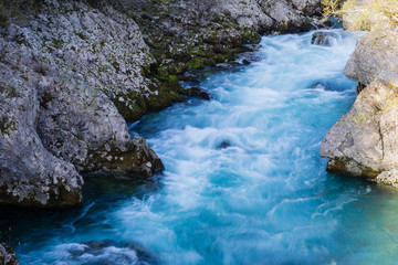 Blue clean mountain river in Montenegro