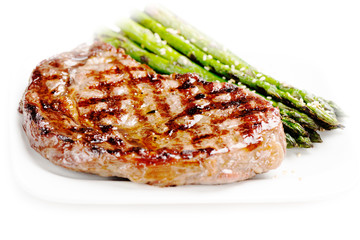 Barbecue grilled beef steak meat with asparagus