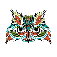Obraz premium Patterned colored head of the owl. African / indian / totem / tattoo design. It may be used for design of a t-shirt, bag, postcard and poster.