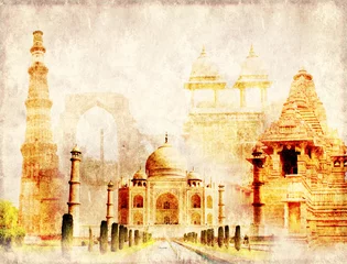 Keuken spatwand met foto Grunge background with paper texture and landmarks of India © frenta