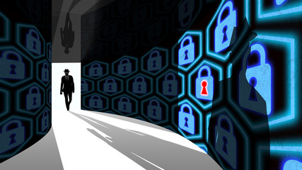 Elite hacker enters information security hallway with locks