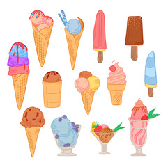 Hand drawn vector illustration - Super set of ice cream. Sweet d
