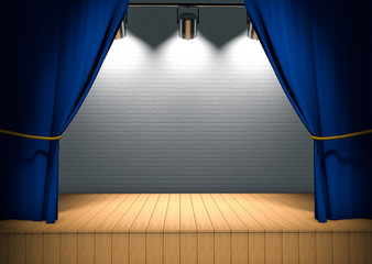 Blue curtains with stage and spotlights - obrazy, fototapety, plakaty