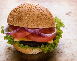 hamburger on steel plate