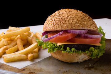 hamburger on steel plate with fries