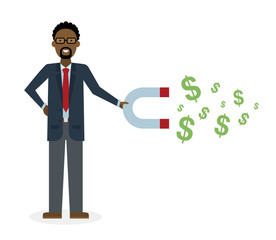 Businessman with magnet on white background. African american businessman holding magnet. Magnetize money, wealth, finance. Earn money.