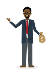 Businessman with money bag and ok gesture on white background. Isolated character. African american businessman holding money bag. Concept of successful job.