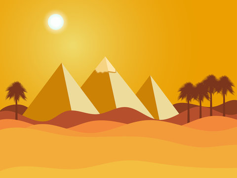 Egyptian pyramids. Sun over the pyramids. Desert. Vector illustration.