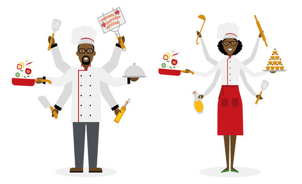 Multitasking African American Chef With Six Hands Standing On White Background And Holding A Meal, Knife, Paddle, Pan With Vegetabes, Oil And Barbeque. Successful Cook. Restaurant Chef. Man And Woman