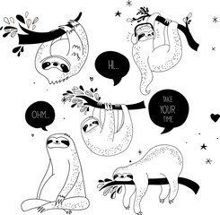 Cute hand drawn sloths illustrations, funny vector design - obrazy, fototapety, plakaty