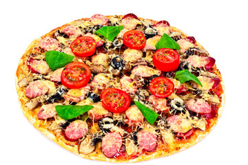 Pepperoni Pizza with Sausage, Cheese, Mozzarella, Olives and Bas