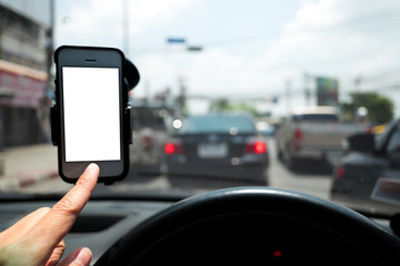 hand and smartphone in a car  use for Navigate