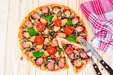 Pepperoni Pizza with Sausage, Cheese, Mozzarella, Olives and Bas