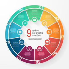 Vector business pie chart template for graphs, charts, diagrams. Business circle infographic concept with 9 options, parts, steps, processes. © rikkyal