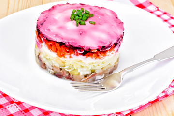 Russian Shuba Salad with Beetroot, Potatoes, Carrots and Herring