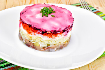 Obraz na płótnie Canvas Russian Shuba Salad with Beetroot, Potatoes, Carrots and Herring