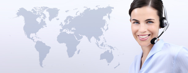global contact us, customer service operator woman with headset smiling