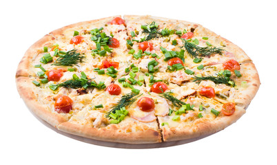 Cherry ham and cheese pizza on a